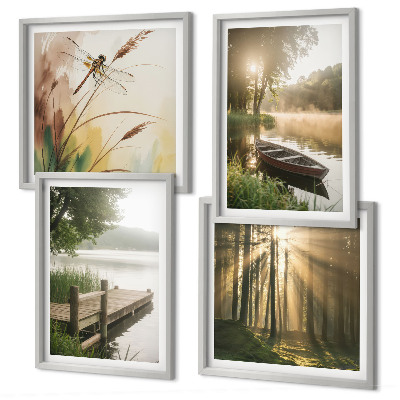 Set of 4 wall art pieces Lake, forest, boat, morning fog