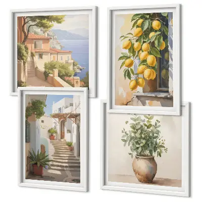 Wall art set of 4 featuring plants in pots lemons and a street scene