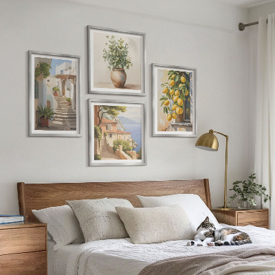 Set of 4 wall art pieces Plants in pots, lemons, street