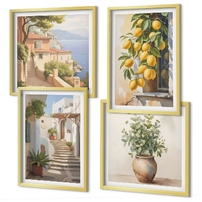 Set of 4 wall art pieces Plants in pots, lemons, street