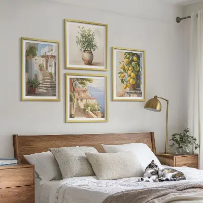 Wall art set of 4 featuring plants in pots lemons and a street scene