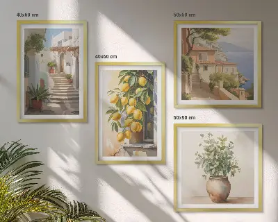 Wall art set of 4 featuring plants in pots lemons and a street scene