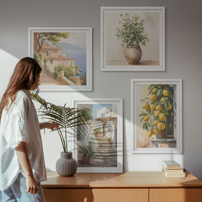 Set of 4 wall art pieces Plants in pots, lemons, street