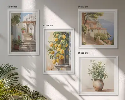 Wall art set of 4 featuring plants in pots lemons and a street scene