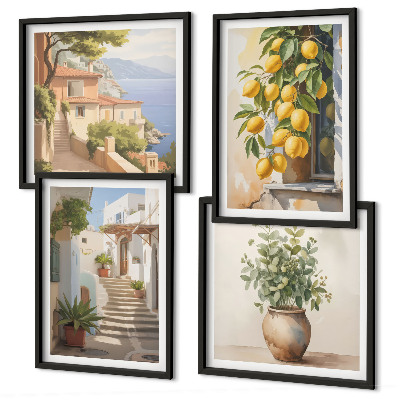 Set of 4 wall art pieces Plants in pots, lemons, street