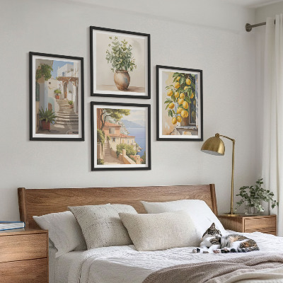 Set of 4 wall art pieces Plants in pots, lemons, street