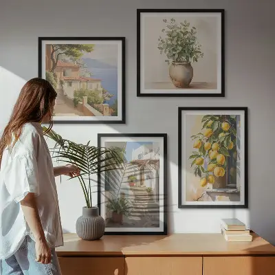Wall art set of 4 featuring plants in pots lemons and a street scene