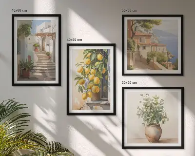 Wall art set of 4 featuring plants in pots lemons and a street scene