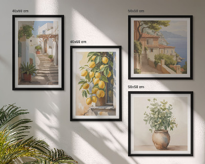 Set of 4 wall art pieces Plants in pots, lemons, street