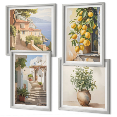 Set of 4 wall art pieces Plants in pots, lemons, street