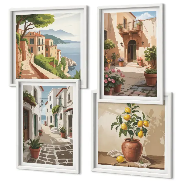 Multi-piece wall decor set featuring streets, houses, plants, and pots