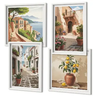 Multi-piece wall decor set featuring streets, houses, plants, and pots