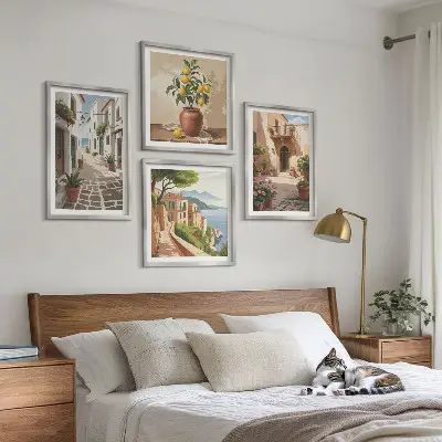 Multi-piece wall decor set featuring streets, houses, plants, and pots