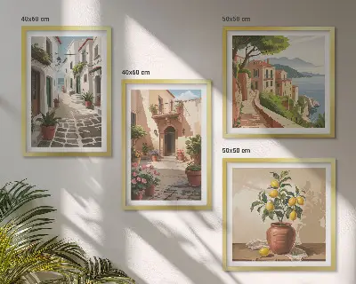 Multi-piece wall decor set featuring streets, houses, plants, and pots