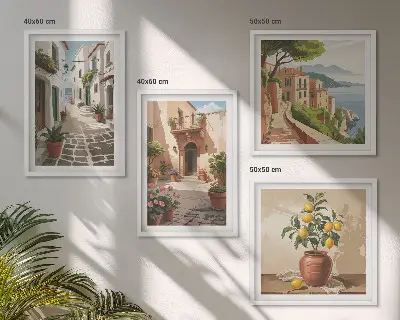 Multi-piece wall decor set featuring streets, houses, plants, and pots