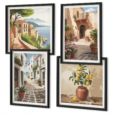 Multi-piece wall decor set featuring streets, houses, plants, and pots