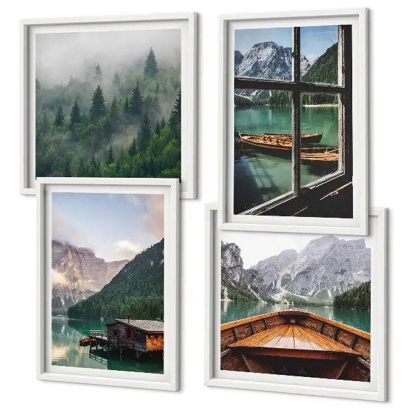Mountain lake and cottages wall art set set of wall art prints featuring a mountain lake and cottages
