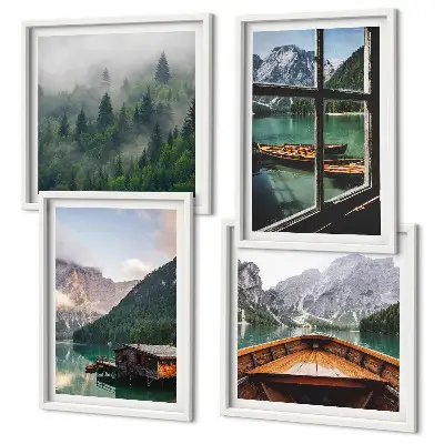 Mountain lake and cottages wall art set set of wall art prints featuring a mountain lake and cottages
