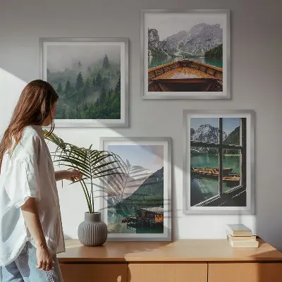 Mountain lake and cottages wall art set set of wall art prints featuring a mountain lake and cottages