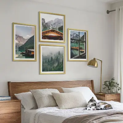 Mountain lake and cottages wall art set set of wall art prints featuring a mountain lake and cottages