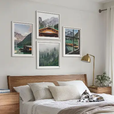 Mountain lake and cottages wall art set set of wall art prints featuring a mountain lake and cottages