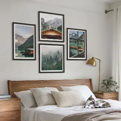 Mountain lake and cottages wall art set set of wall art prints featuring a mountain lake and cottages