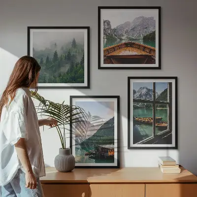 Mountain lake and cottages wall art set set of wall art prints featuring a mountain lake and cottages