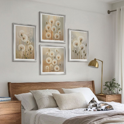 Set of 4 wall art pieces White dandelions on a light background