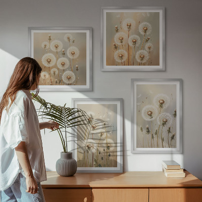 Set of 4 wall art pieces White dandelions on a light background