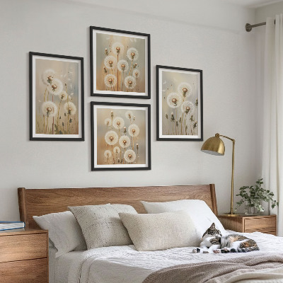 Set of 4 wall art pieces White dandelions on a light background