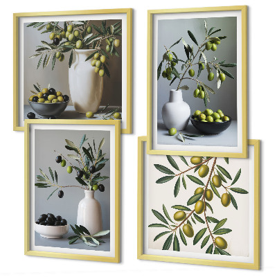 Set of 4 wall art pieces Olives in vases in subdued colors