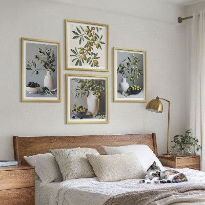 Set of 4 wall art pieces Olives in vases in subdued colors