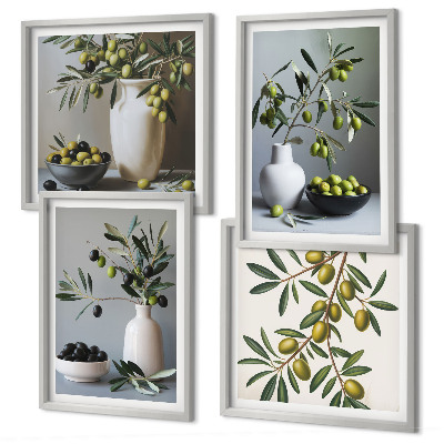 Set of 4 wall art pieces Olives in vases in subdued colors