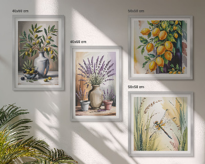 Set of 4 wall art pieces Olive flowers in vases nature