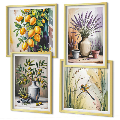Set of 4 wall art pieces Olive flowers in vases nature