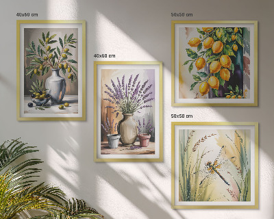 Set of 4 wall art pieces Olive flowers in vases nature
