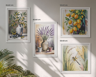 Set of 4 wall art pieces Olive flowers in vases nature