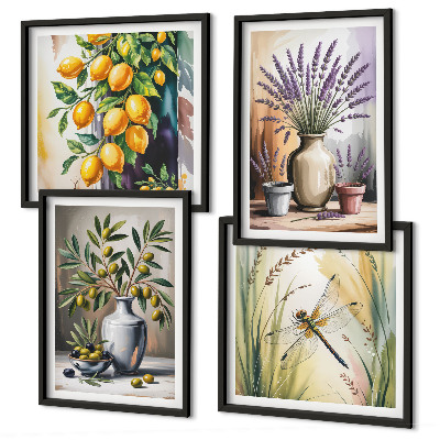Set of 4 wall art pieces Olive flowers in vases nature