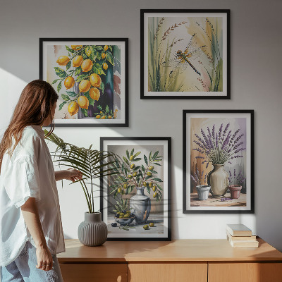 Set of 4 wall art pieces Olive flowers in vases nature