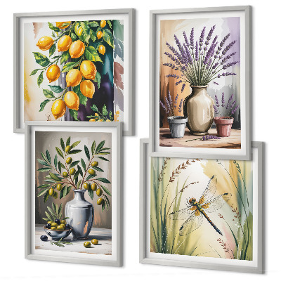 Set of 4 wall art pieces Olive flowers in vases nature
