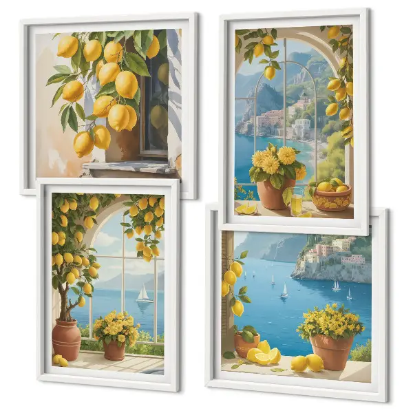 Wall art set featuring landscapes of the sea, lemons, and windows