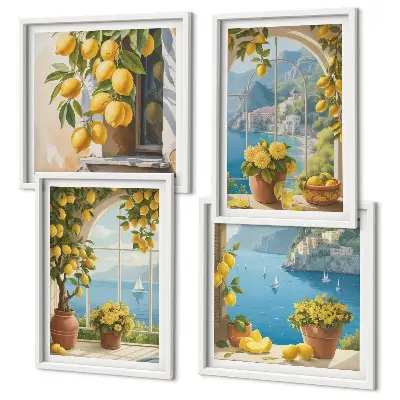 Wall art set featuring landscapes of the sea, lemons, and windows