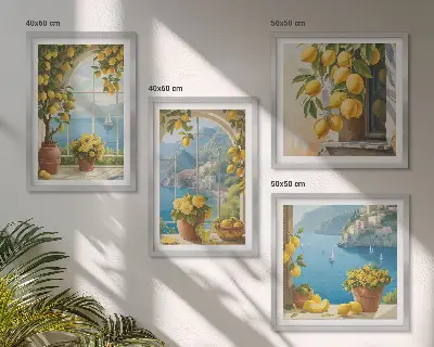 Wall art set featuring landscapes of the sea, lemons, and windows