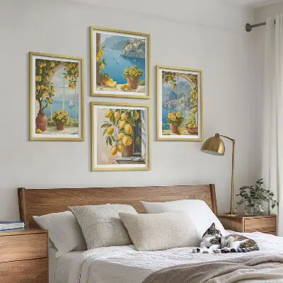 Wall art set featuring landscapes of the sea, lemons, and windows
