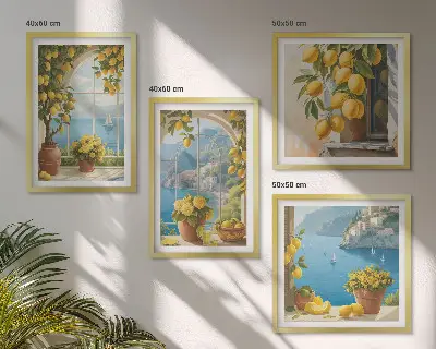 Wall art set featuring landscapes of the sea, lemons, and windows