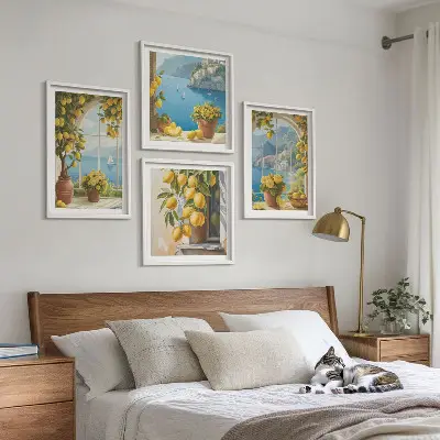 Wall art set featuring landscapes of the sea, lemons, and windows