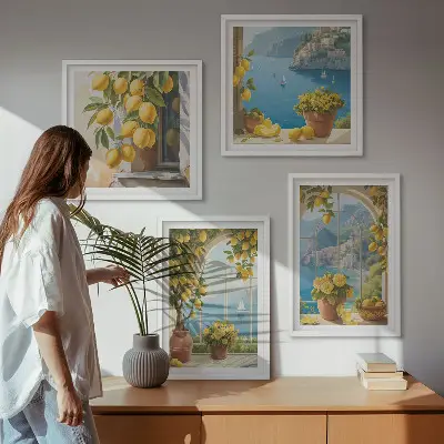 Wall art set featuring landscapes of the sea, lemons, and windows
