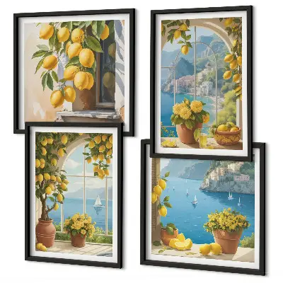 Wall art set featuring landscapes of the sea, lemons, and windows