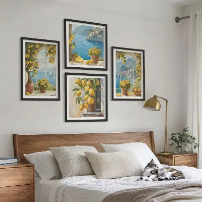 Wall art set featuring landscapes of the sea, lemons, and windows