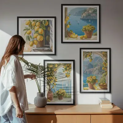 Wall art set featuring landscapes of the sea, lemons, and windows